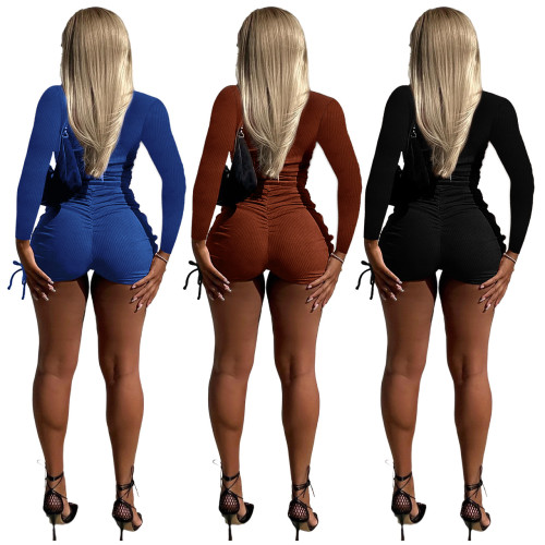 Fashion Double Zip Long Sleeve Shorts Gathered Casual Suit