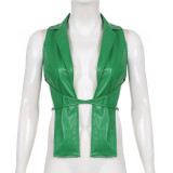 Olive Green Solid Leather Halter Shirt Collar Sleeveless Backless Tie Top