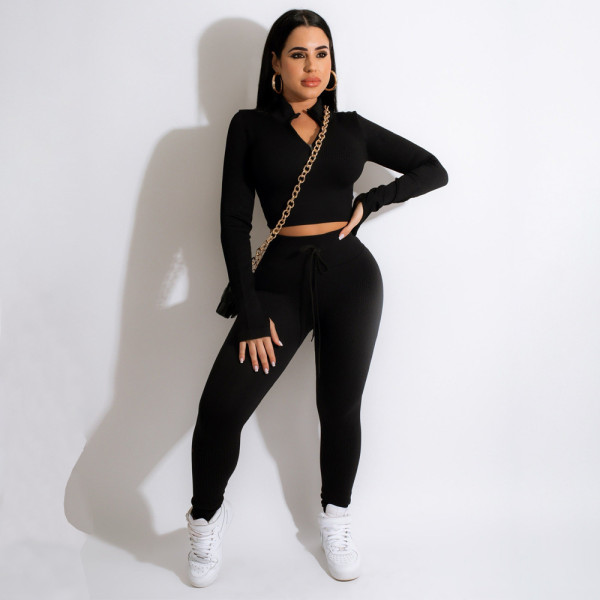 Fashion casual solid color v-neck zipper straps slim long-sleeved trousers sports two-piece set