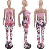 Sexy tie wrap chest print two-piece set