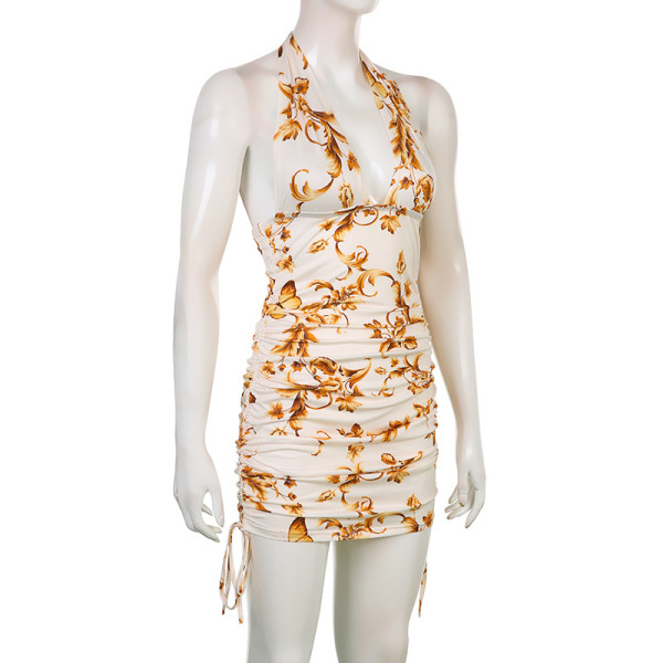 Butterfly print halter neck deep V sleeveless tight wrap hip pleated fashion sexy hot girl one-piece skirt