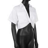 Solid Color Pocket Low Neck Knot Short Navel Sexy Fashion Short Sleeve Shirt Women