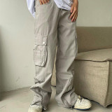 Utility multi-pocket low-rise zipper slit denim slacks