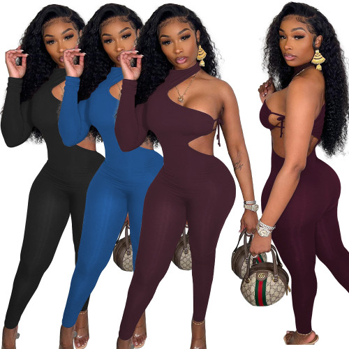 Tight Tie One Sleeve Irregular Jumpsuit