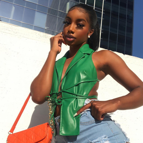 Olive Green Solid Leather Halter Shirt Collar Sleeveless Backless Tie Top