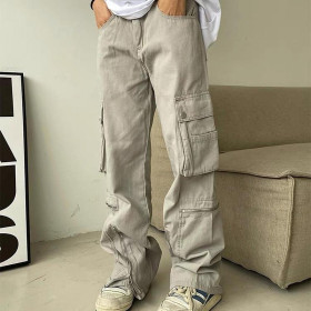 Utility multi-pocket low-rise zipper slit denim slacks