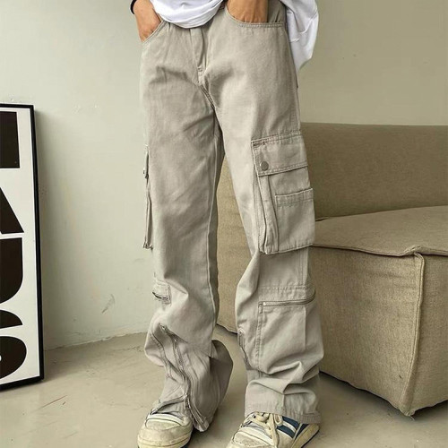 Utility multi-pocket low-rise zipper slit denim slacks
