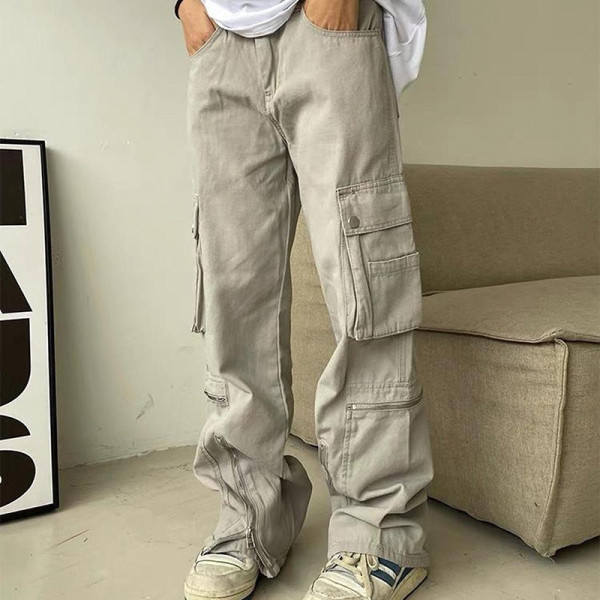Utility multi-pocket low-rise zipper slit denim slacks