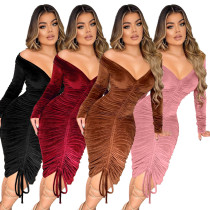 V-neck off-shoulder velvet smocked sexy midi dress V-neck off-shoulder velvet smocked sexy midi dress