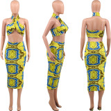 Two-piece corrugated print halterneck wrap skirt