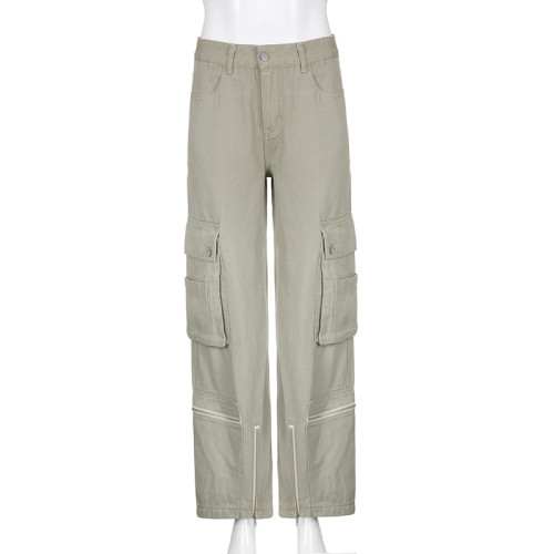 Utility multi-pocket low-rise zipper slit denim slacks