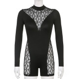 Mesh stitching with drilled half-high collar long-sleeved tight sports solid color basic one-piece shorts women