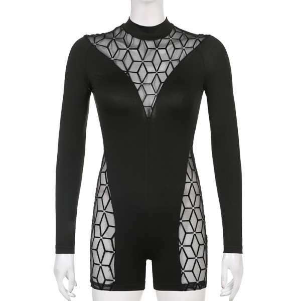 Mesh stitching with drilled half-high collar long-sleeved tight sports solid color basic one-piece shorts women
