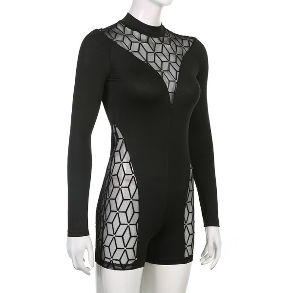 Mesh stitching with drilled half-high collar long-sleeved tight sports solid color basic one-piece shorts women