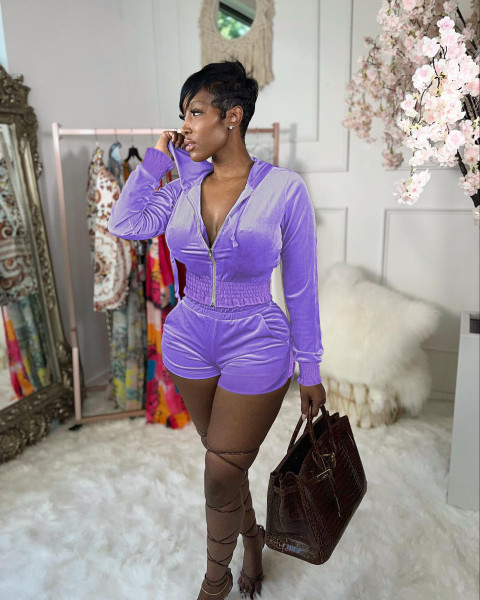 Hooded Velvet Ruffle Shorts Irregular Lounge Set