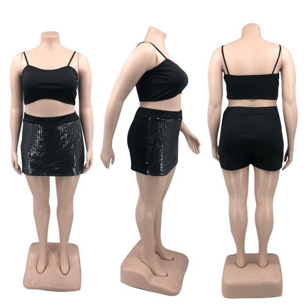 Plus Size Women's Solid Color Sequins Three Piece Fashion Culottes Suit
