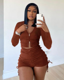 Fashion Double Zip Long Sleeve Shorts Gathered Casual Suit