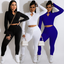 Fashion casual solid color v-neck zipper straps slim long-sleeved trousers sports two-piece set Fashion casual solid color v-neck zipper straps slim long-sleeved trousers sports two-piece set