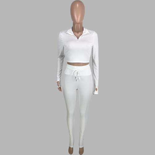 Fashion casual solid color v-neck zipper straps slim long-sleeved trousers sports two-piece set