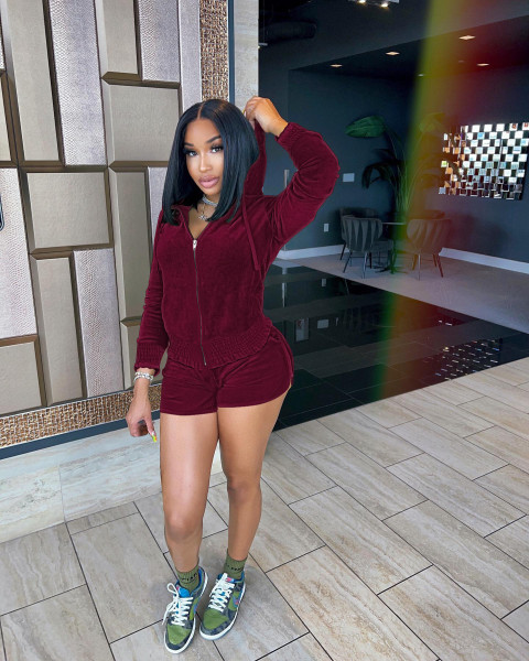 Hooded Velvet Ruffle Shorts Irregular Lounge Set