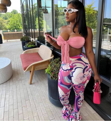 Sexy tie wrap chest print two-piece set