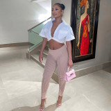 Solid Color Pocket Low Neck Knot Short Navel Sexy Fashion Short Sleeve Shirt Women