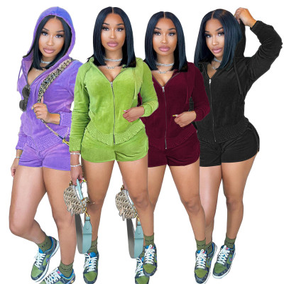 Hooded Velvet Ruffle Shorts Irregular Lounge Set