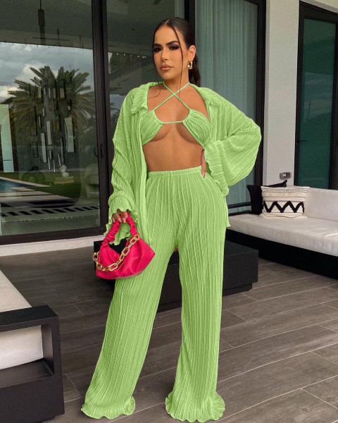 Bikini Cardigan Wide Leg Pants Three Piece Set