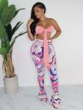 Sexy tie wrap chest print two-piece set