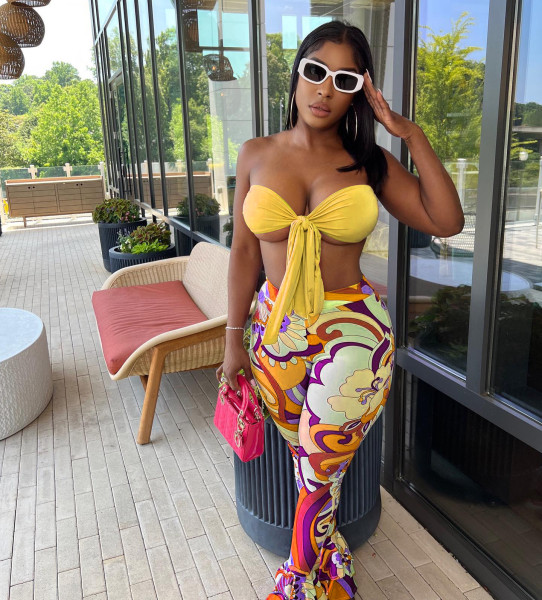 Sexy tie wrap chest print two-piece set