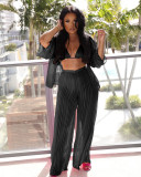 Women's Bikini Sexy Perspective Cardigan Wide Leg Pants Three Piece Set
