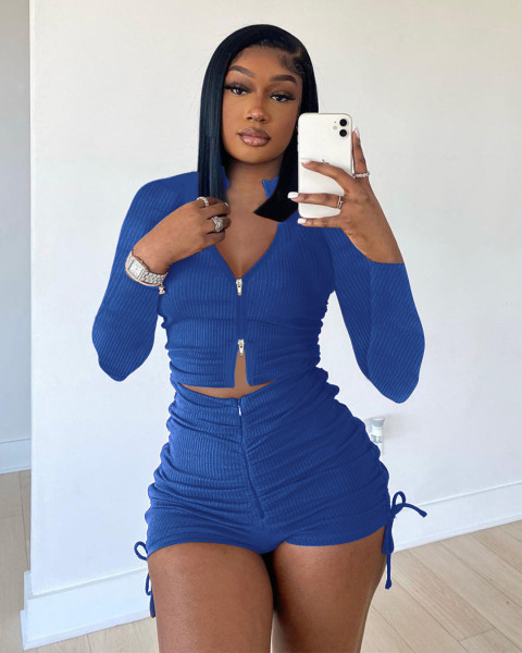 Fashion Double Zip Long Sleeve Shorts Gathered Casual Suit