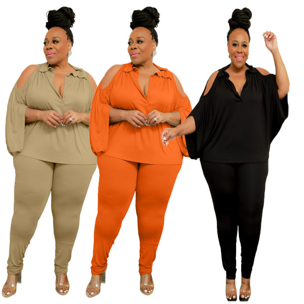 Fashion women's solid color casual two-piece plus size women's clothing