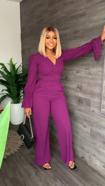 Autumn and winter V-neck flared sleeve trousers two-piece suit