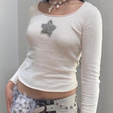 Star Panel Long Sleeve Crew Neck Crop T-Shirt