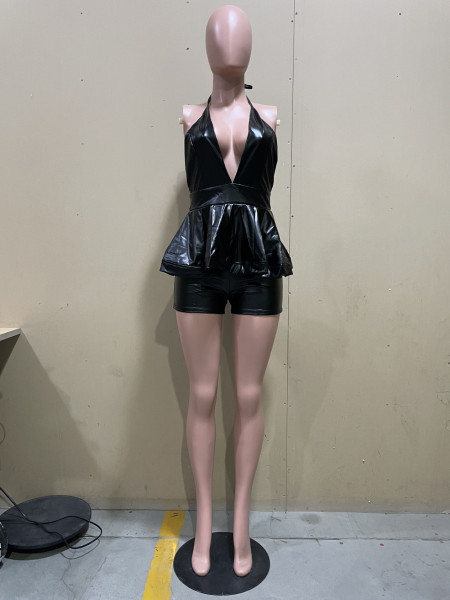 Sexy Ruffle Tie PU Jumpsuit