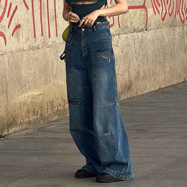 Hot Girl Fashion Street Low Waist Zipper Pocket Loose Denim Casual Pants Women