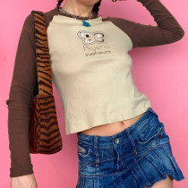 Cartoon Alphabet Print Raglan Sleeves Patchwork Contrast Round Neck Long Sleeves Long Sleeves