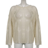 Hot Girl Style Street Hipster Hollow Mesh Wool Knit Crew Neck Loose Blouse