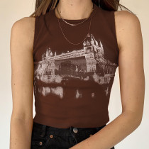 Fashion 3D Architectural Print Crew Neck Tank Top