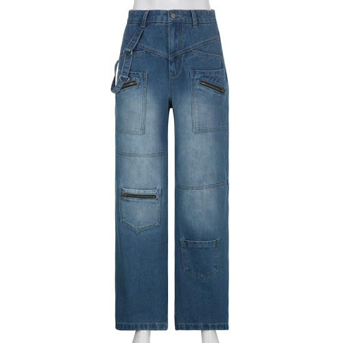 Hot Girl Fashion Street Low Waist Zipper Pocket Loose Denim Casual Pants Women