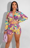 Two-Piece Set of Printed Deep V Strap Crop Shorts
