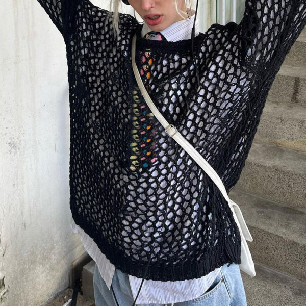 Hot Girl Style Street Hipster Hollow Mesh Wool Knit Crew Neck Loose Blouse