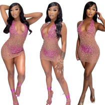 Colored big diamond high temperature ironing dress wrap chest straps open back