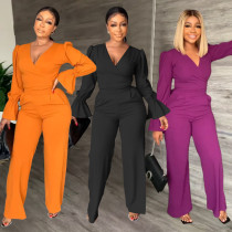 Autumn and winter V-neck flared sleeve trousers two-piece suit Autumn and winter V-neck flared sleeve trousers two-piece suit