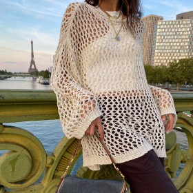 Hot Girl Style Street Hipster Hollow Mesh Wool Knit Crew Neck Loose Blouse