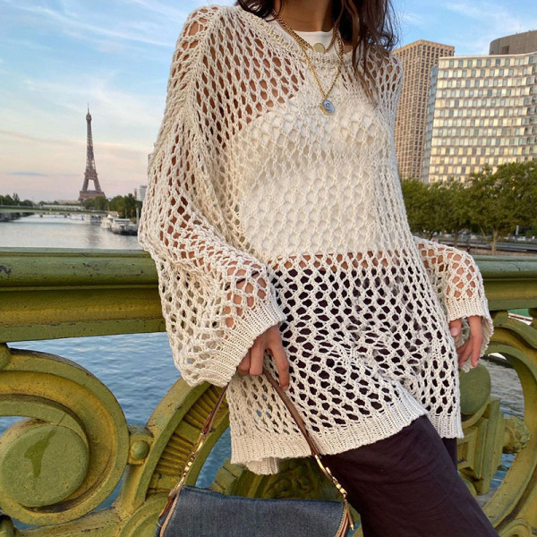 Hot Girl Style Street Hipster Hollow Mesh Wool Knit Crew Neck Loose Blouse