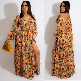 Sexy Chiffon Long Sleeve Off Shoulder Print Dress