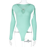Knit Solid V-Neck Sexy Cutout Sweater High Waist Slim Bodysuit
