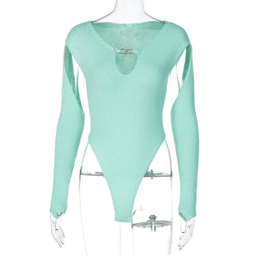 Knit Solid V-Neck Sexy Cutout Sweater High Waist Slim Bodysuit